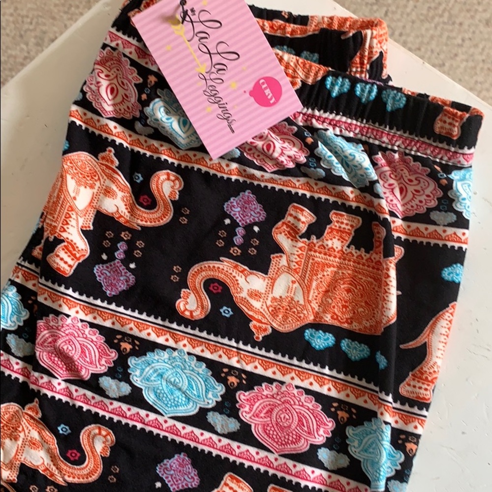 Leggings - black with orange teal pink elephants